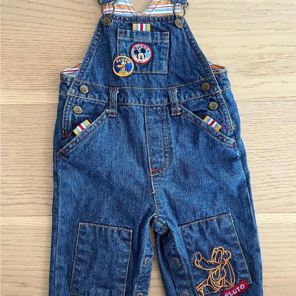 SOLD Vintage 1928 Disney Blue Denim Kids Overalls with Mickey & Pluto Patches